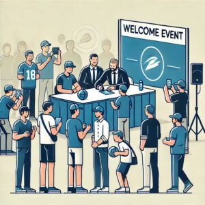 An illustration of a “Meet and Greet” sports fan event in which fans meet and interact with team members and team management.