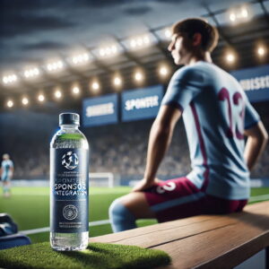 Product placement- Athlete sitting on bench on the sidelines with a branded water
bottle.