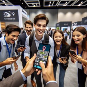 Scavenger Hunt. A group of young professionals participate in a scavenger hunt at a corporate event. They are using smartphones to track clues.