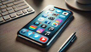 Social Media Smartphone. A smartphone on a desk with social media icons filling the screen.