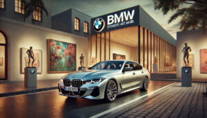 A shiny new BMW sedan is parked in front of an art gallery with statues and paintings. The BMW logo is displayed on the gallery’s exterior.