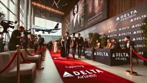 Image of Delta Airlines Area in an airport with film celebrities and media coverage as part of its in-kind support of the Tribeca Film Festival.