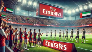 Crowd-filled Arsenal Stadium with soccer players lined up on the playing field and banners and signs throughout the arena advertising “Fly Emirates”.