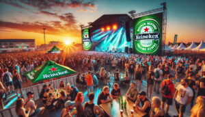 The Stage at sunset at the Coachella Music Festival with crowds of spectators and Heineken signage throughout.