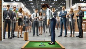 Woman playing golf in crowded event