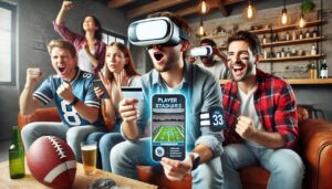 A group of fans wearing VR headsets in a living room or sports lounge. They are immersed in a virtual stadium experience. Another person is using an AR-enabled smartphone, scanning a player card to reveal digital stats and insights.